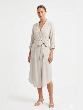Favlux Beige Wrap Shirt Dress with Tie Belt & Pockets – Size S